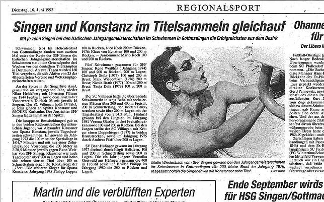 Auch der SÜDKURIER berichtete über die sportlichen Erfolge von Maik Wiedenbach: Wie hier im Juni 1992, als er für die ...