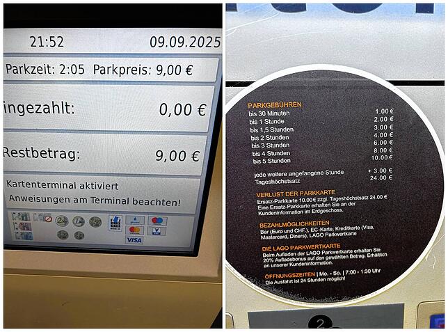 Der Automat verlangt neun Euro, laut Preistabelle sollten es für weniger als drei Stunden aber nur sechs Euro sein. So erleben es ...