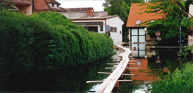 Es ist nicht Venedig &ndash; es ist Moos: Über diesen Laufsteg kam man während des Hochwassers zum Hafenmeister.