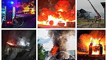 Viel zu tun für die Feuerwehren 2023: Brand bei Königsfeld (links oben) eine Halle des Bräunlinger Palmhofes brennt ab. Die alte ...
