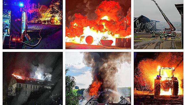 Viel zu tun für die Feuerwehren 2023: Brand bei Königsfeld (links oben) eine Halle des Bräunlinger Palmhofes brennt ab. Die alte ...