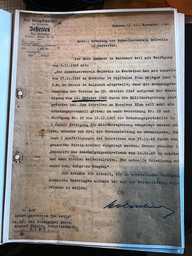 Ein Schreiben des Jestetter Bürgermeisters an den damals frisch gegründeten Schweizer-Verein Helvetia.