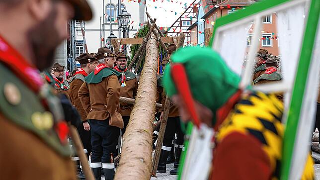 Da gibts was zu gucken: Ein Holzhauer und der Kappedeschle beobachten das Narrenbaumstellen auf dem Marktplatz.