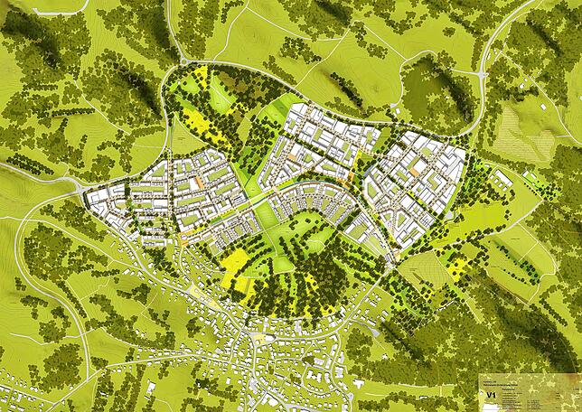 So soll der neue Stadtteil aussehen: Vier große Blöcke, angeordnet an einem grünen Ring rund um den Hafner. Rechts im Bild ist Platz für ...