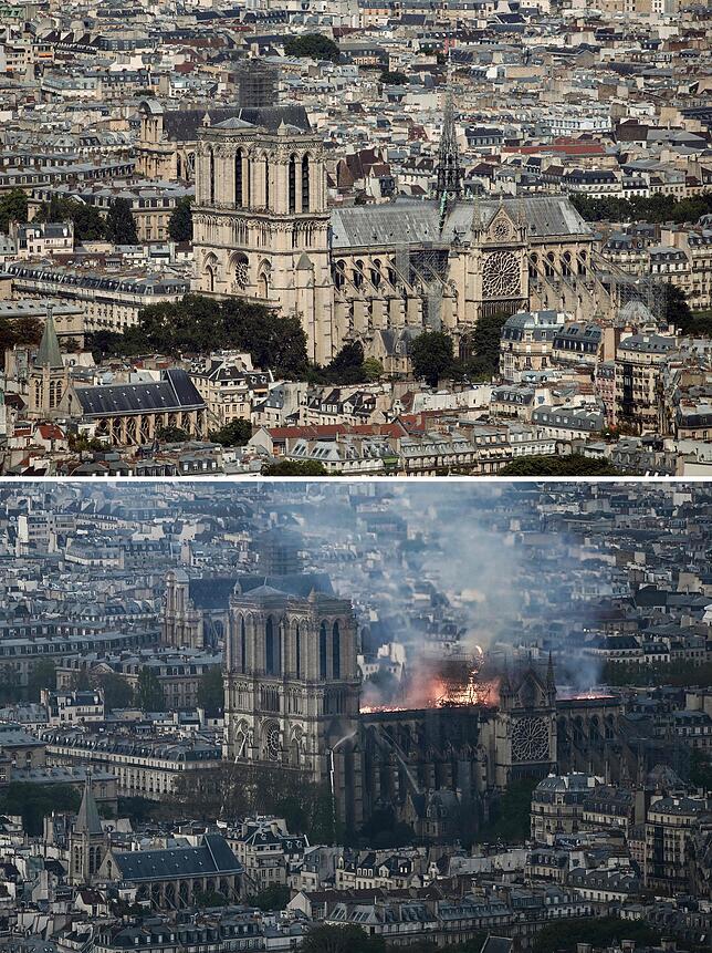 Oben: Blick auf die Notre Dame vom Montparnasse Turm. Unten: Das Feuer im Dachstuhl der Kathedrale von derselben Stelle aus gesehen.