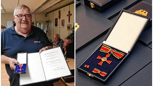 Links: Bernd Windmöller bei der Nachfeier seiner Ehrung mit dem Bundesverdienstkreuz in den Räumen der Malteser in der Kaufhausstraße in ...