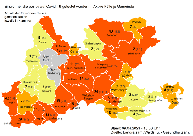 Aktive Corona-Infektionen und Genesene in den Städten und Gemeinden im Landkreis Waldshut am 9. April 2021.