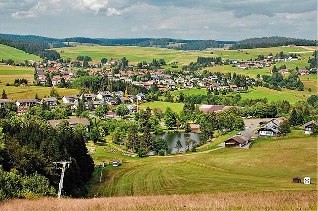 Der Blick vom Ödlandlift heute, Herrischried ist gewachsen, die Eishalle hinter den Bäumen kaum mehr zu erkennen.