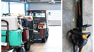 Links im Bild: ein Mitarbeiter, der Gepäckstücke zu dem entsprechenden Flugzeug fährt. Rechts im Bild: die Kettensäge, die Mitarbeiter ...