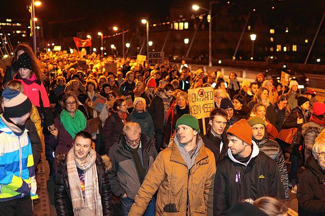 Als die Demonstration bereits über die Alte Rheinbrücke zieht, sind im Herosé-Park und auf der Fahrradbrücke noch gar nicht alle ...