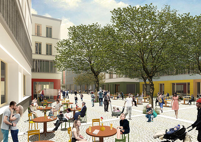 Diese Animation veranschaulicht, wie die Architekten von Lebenswert den Quartiersplatz in der Nordstadt gerne umsetzen würden.