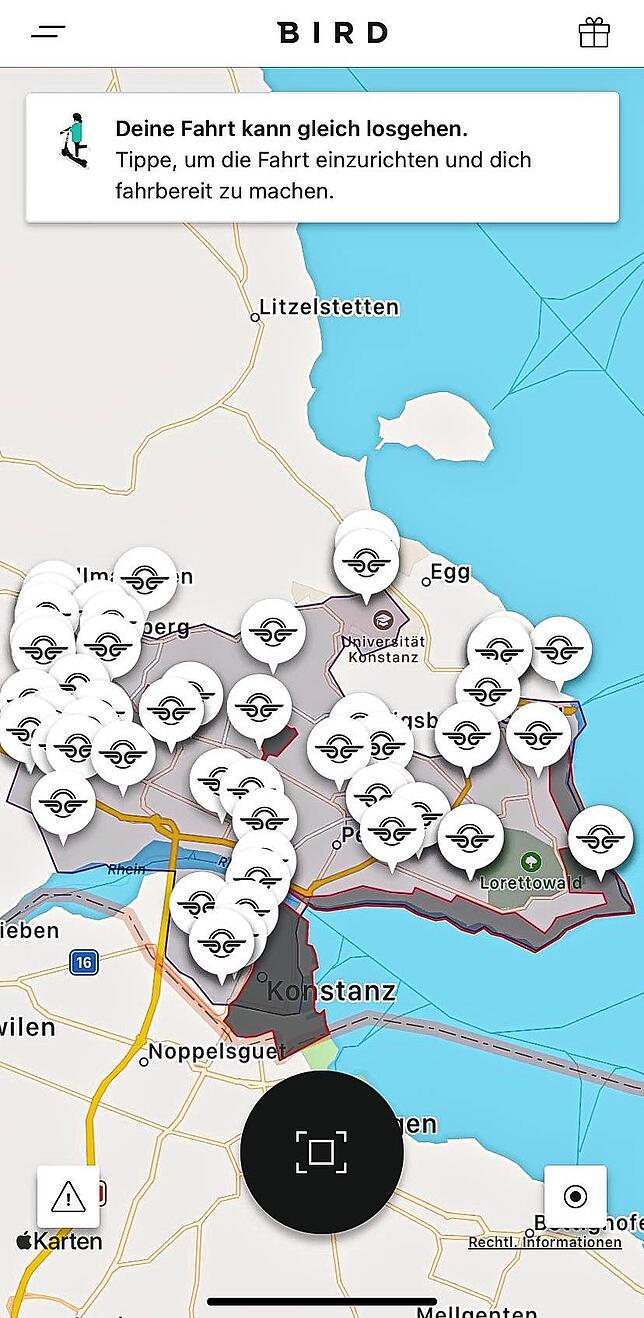 So sah die Übersicht in der Bird-App noch vor wenigen Monaten aus. Es wimmelte im gesamten Stadtgebiet von E-Rollern, die darauf ...