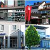 Die Banken in der Region und ihre Zukunftspläne (von links oben im Uhrzeigersinn): Zentrale der Sparkasse Hegau-Bodensee in Singen, ...