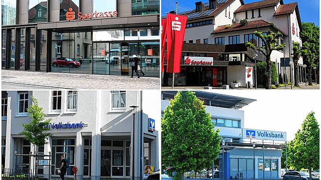Die Banken in der Region und ihre Zukunftspläne (von links oben im Uhrzeigersinn): Zentrale der Sparkasse Hegau-Bodensee in Singen, ...