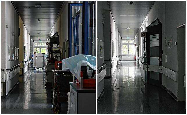 Blick in die ehemalige Innere Abteilung im Krankenhaus Radolfzell – vor der Schließung (links) waren hier noch Mitarbeiter und ...