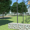 Der Entwurf für den Quartiersplatz in Röschberg Süd. Die Pergola soll schatten bieten und mit den Steinmauern den Fund des römischen ...