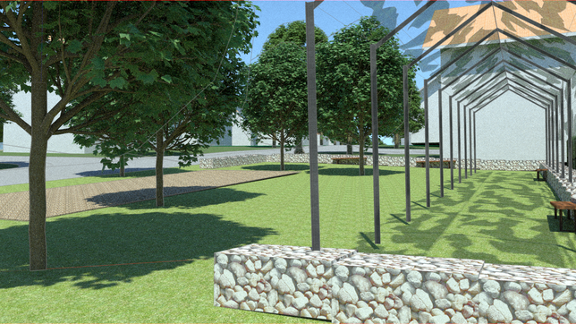 Der Entwurf für den Quartiersplatz in Röschberg Süd. Die Pergola soll schatten bieten und mit den Steinmauern den Fund des römischen ...
