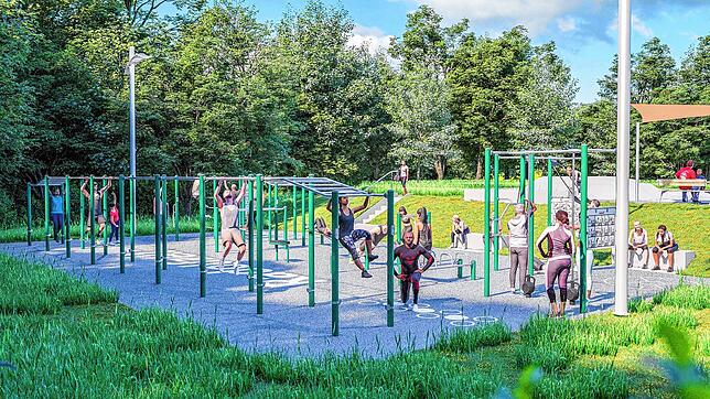 So könnte ein Teil der neuen Sportanlage am Skatepark (im Hintergrund) in Radolfzell künftig aussehen: An einer Calisthenicsanlage ...