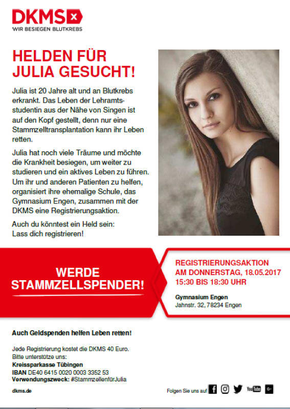Bild 1: Große Freude nach Typisierungsaktion: Stammzellen-Spender für Julia gefunden
