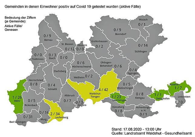 Zahl der Sars-CoV-2-Infektionen und Genesenen in den Städten und Gemeinden im Landkreis Waldshut am 17. August 2020.