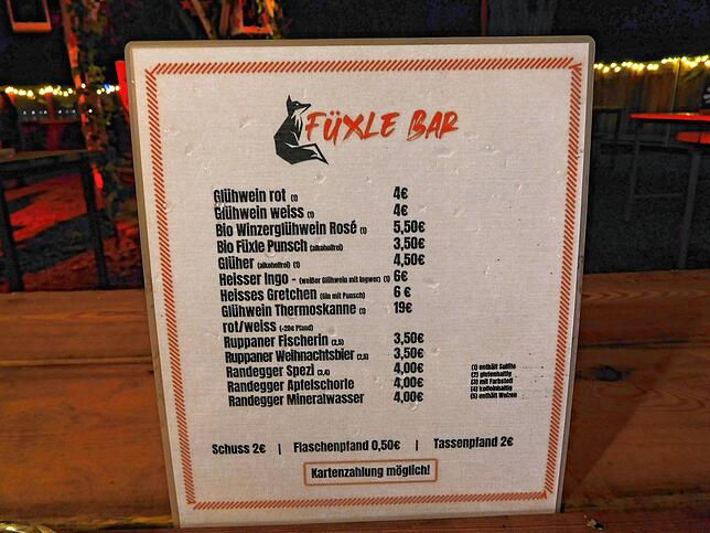 Die Preisliste an der Füxle Bar.