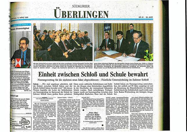Das Ende des Schulstreites markiert dieser SÜDKURIER-Artikel vom Montag, 15. März 1999. Bernhard Erbprinz von Baden und Eberhard von ...