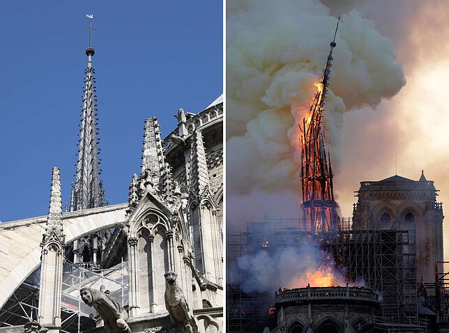 Links: Der noch intakte Turm der Kathedrale Notre Dame de Paris. Rechts: Unter der Hitze des Feuers bricht die charakteristische Spitze ...