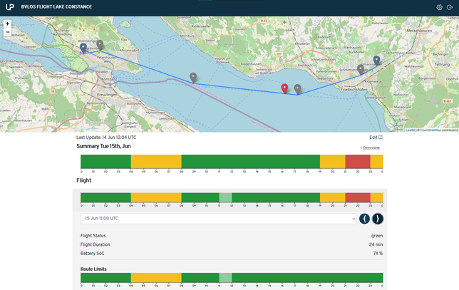 Das Programm „Flight Forecast“ simuliert die Flugroute, hier von Konstanz nach Friedrichshafen. Ein Ampelsystem zeigt, ob ...