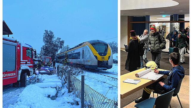 In Richtung Bräunlingen ist die Zugstrecke nicht elektrifiziert. Hier bleibt der Zug stecken, die Passagiere werden von der Feuerwehr in ...