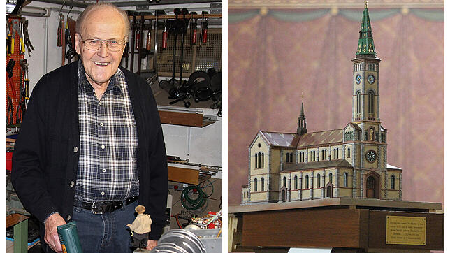 Ernst Holzer baut gerne Bräunlinger Kirchen maßstabsgetreu nach &ndash; wie hier die Stadtkirche.