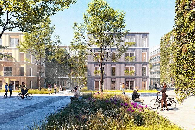 Drei- bis fünfgeschossige Quader in Stahl- und Holzbauweise werden drei Gebäuderiegel an der Stein- und Gottfried-Keller-Straße ...