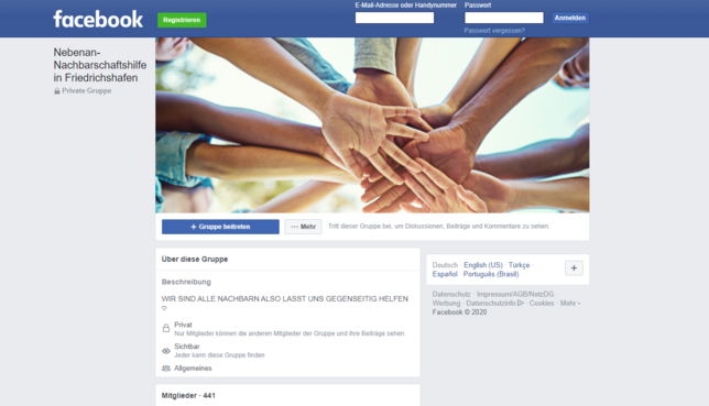 Die Facebook-Gruppe „Nebenan – Nachbarschaftshilfe Friedrichshafen“ hat am Montagnachmittag etwa 440 Mitglieder.