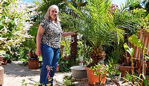Margret Rupp in Urlaubsstimmung unter Palmen. Sie hat sich an der Raiffeisenstraße ein kleines Paradies geschaffen und öffnet es während ...