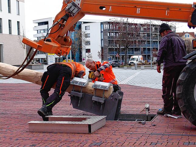 Bild 6: Auch ohne Rathaus-Sturm: Bauhof stellt ersten Narrenbaum in der neuen Neuen Mitte auf