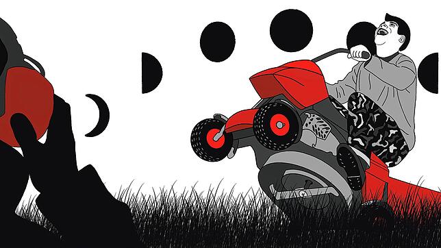 Wie unsere Illustratorin die Szene sieht: Rasenpflege nach Mondphase, das bedeutete für einen Gartenfreund am Bodensee 14 Stunden ...