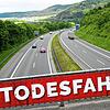 Ein Banner mit der Aufschrift &bdquo;Todesfahrt&ldquo; wird im Rahmen einer Kampagne gegen illegale Autorennen auf Autobahnen präsentiert.