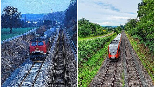 Links: Eine Diesellok fährt um 1987 auf dem neuen zweiten Gleis der Hochrheinstrecke, dem der Bahnhof Hauenstein weichen musste. Auch ...