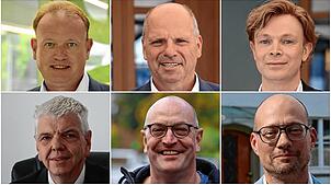 Sechs Kandidaten stellen sich zur OB-Wahl in Überlingen: Jan Zeitler, Martin Hahn, Dennis Michels (oben, von links), Olaf Wübbe, Thomas ...