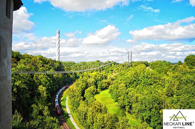 So soll die Hängebrücke Neckar Line, die den Testturm mit der Innenstadt verbindet, einmal aussehen (Computersimulation).