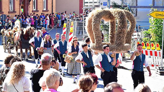 Stolz präsentiert die Landjugend Brigach die große Erntekrone und führt den bunten Umzug zum Kreiserntedankfest an. Nach 1999 und 2014 ...