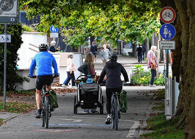 Begegnungsverkehr am Bodenseeradweg: Auf der Karl-Wolff-Straße treffen Fußgänger und Radfaher aufeinander, was gefährlich sein kann.