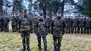 Der alte und der neue Kompaniechef mit dem Kommandeur Landeskommando Baden-Württemberg (von links): Oberstleutnant Jörg Ebert, Oberst ...