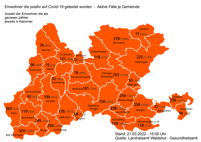 Am Montag, 21. März, gibt es im Landkreis Waldshut 5373 aktive Corona-Infektionen.