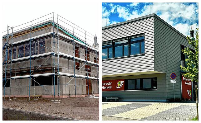 Das Feuerwehrhaus Görwihl während des Baus und wie es sich im Mai 2024 darstellt.