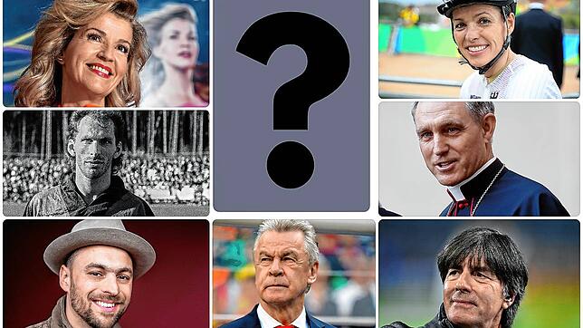 Anne-Sophie Mutter, Sabine Spitz, Georg Gänswein, Jogi Löw, Ottmar Hitzfeld, Max Mutzke und Uwe Wassmer (von links oben im ...