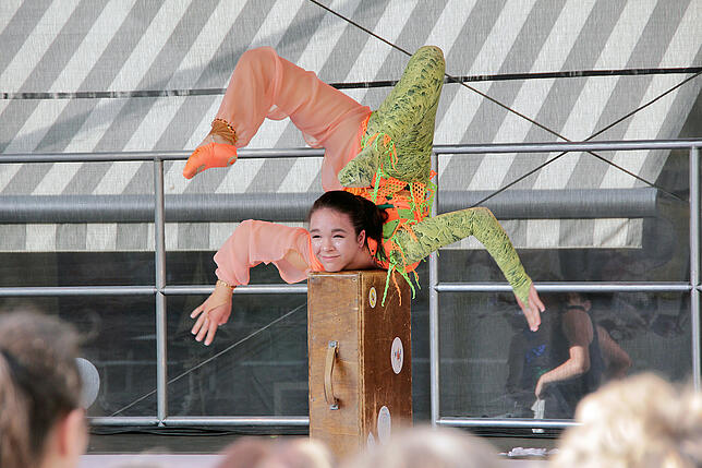Die Mitglieder vom Zirkus Konfetti beeindrucken mit akrobatischen und tänzerischen Darbietungen.