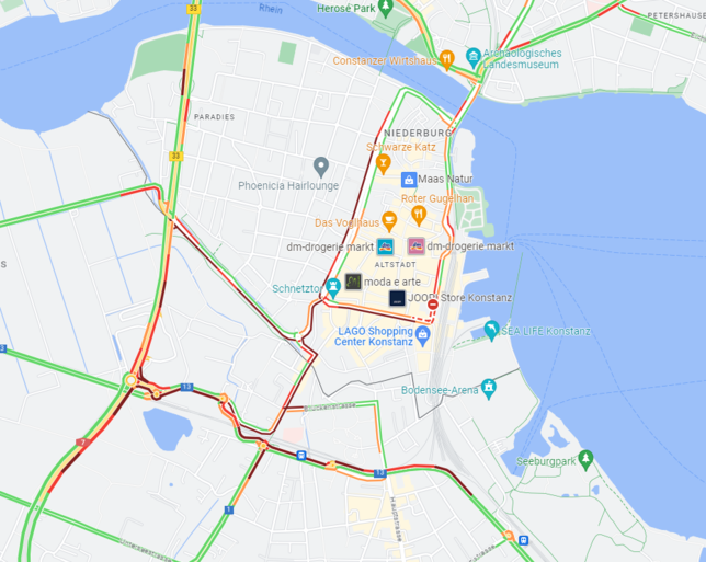 Im Grenzgebiet Konstanz/Kreuzlingen kommt es am Dienstagvormittag, 1. August, laut Google Maps zu stockendem Verkehr, wie dieser ...