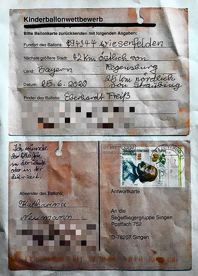 Manches braucht Zeit. Mit dieser Karte hat Katharina Fritschi vor 20 Jahren am Ballonwettbewerb teilgenommen und den Flug am Wochenende ...