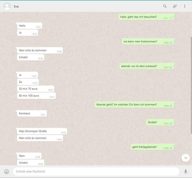 Eine Person, die sich Eva nennt, bietet illegal ihre Dienste als Prostituierte in einem Wohnhaus in der Max-Stromeyer-Straße an. Die ...