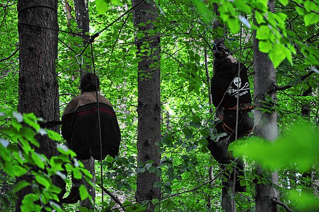 Zwei Aktivisten entfernen am Mittwoch vergangener Woche im Weingartenwald die Reste der Plattform.